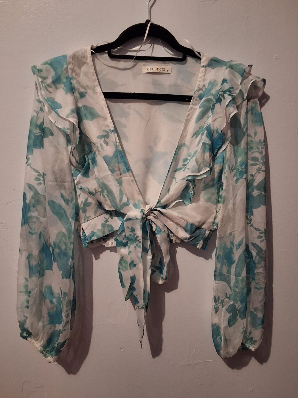 Teal Floral Tie-Front Crop Blouse